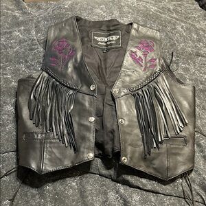 Unik Black Leather Vest with Fringe and Embroidery